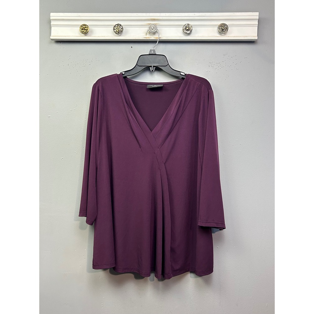 Lane‎ Bryant Blouse Womens 18/20 Purple V-Neck Pleated Front 3/4 Sleeve Tunic